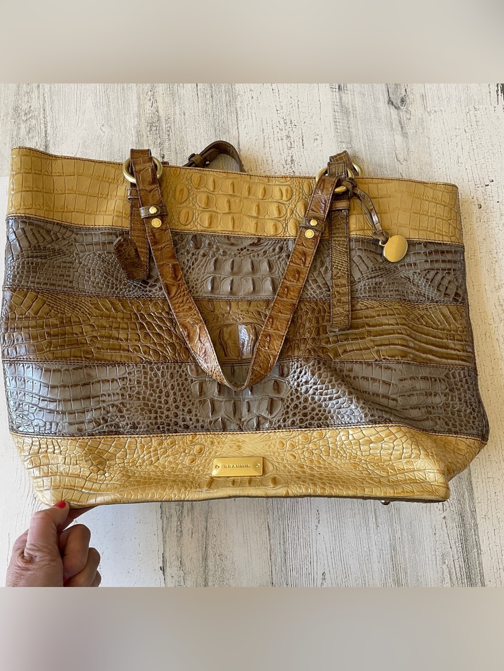 Brahmin Three-Tone Croc-Embossed Leather Handbag Shoulder or Tote Neutral Stripe
